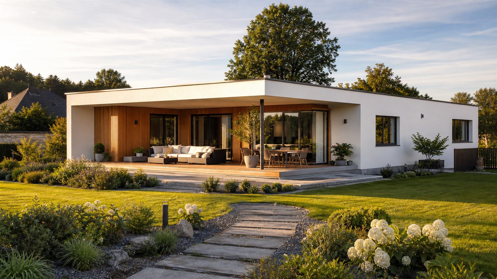 Gepflegte Terrasse und Garten bei einem hochwertigen Bungalow