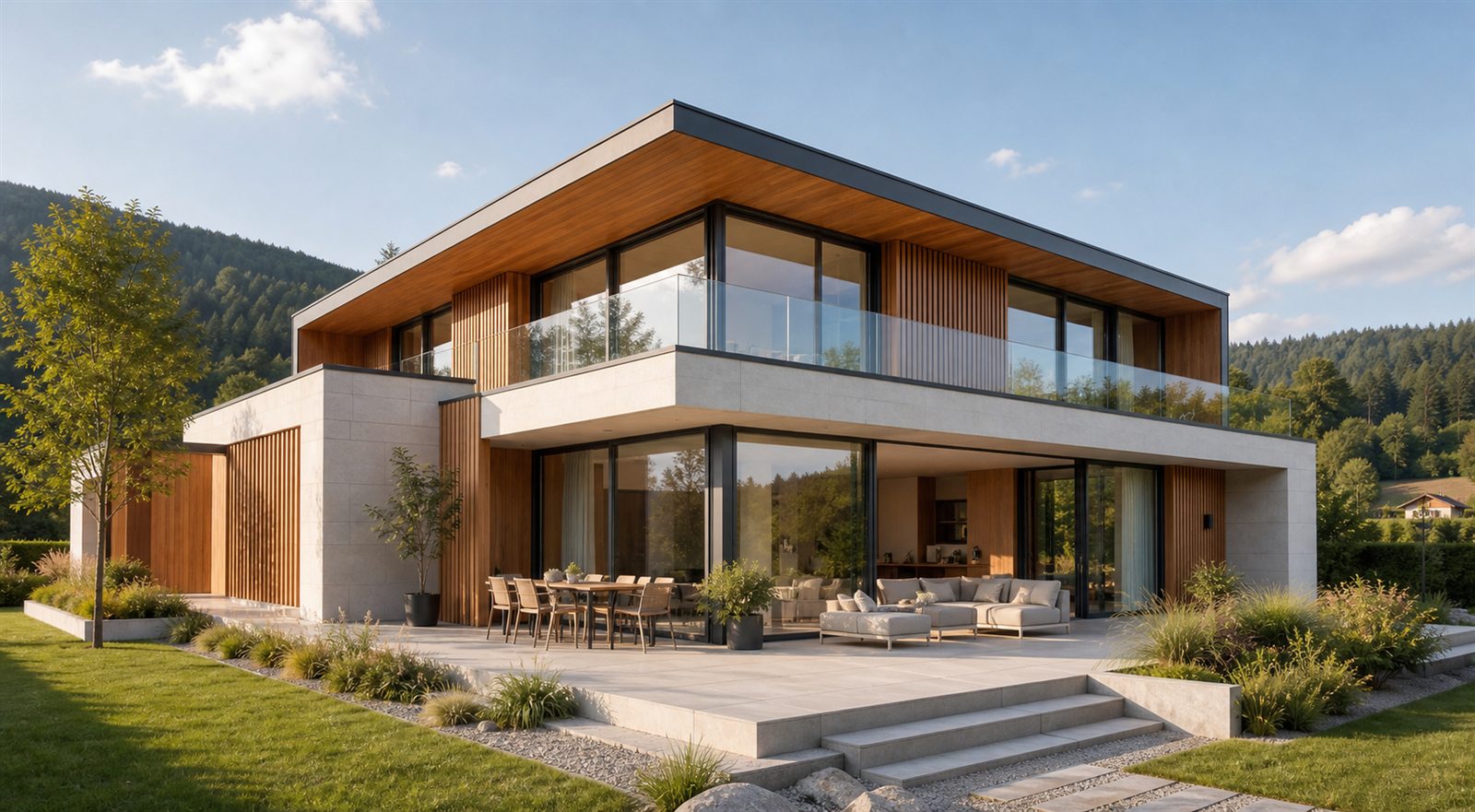 Moderne Villa mit Glasfront, Holz und Garten