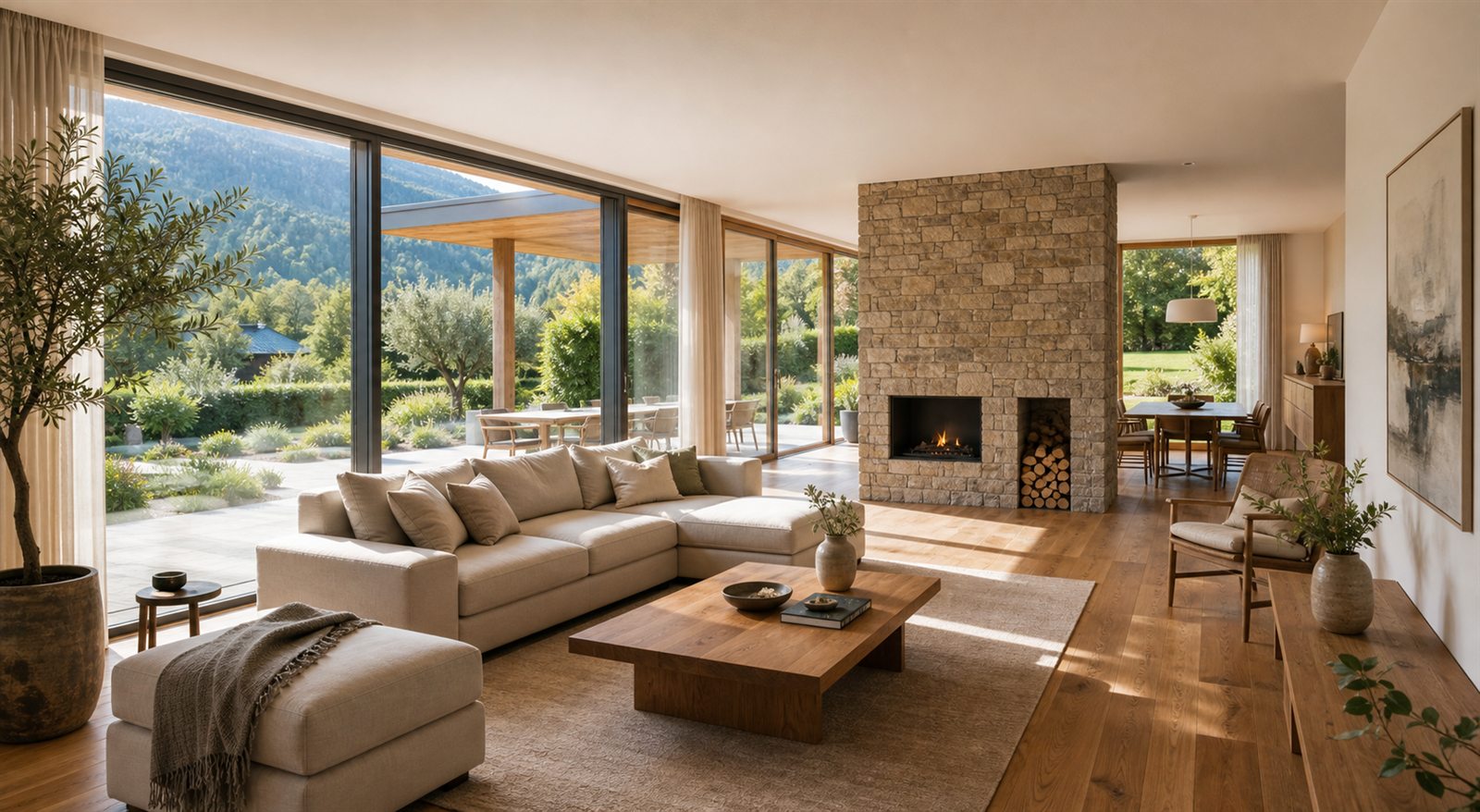 Heller Wohnraum mit Glasfront, Naturstein und Gartenblick